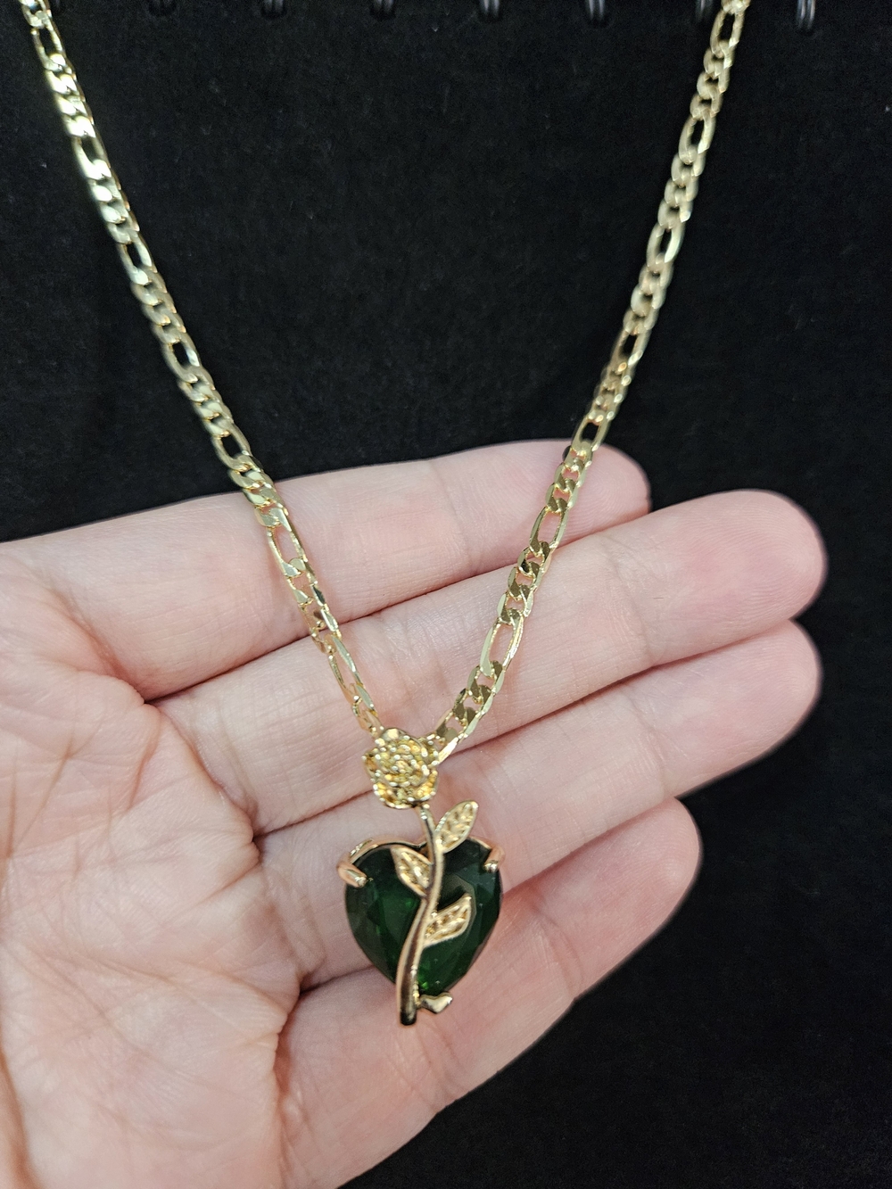 Gold Plated Green Heart Pendant Necklace with Leaf Accent